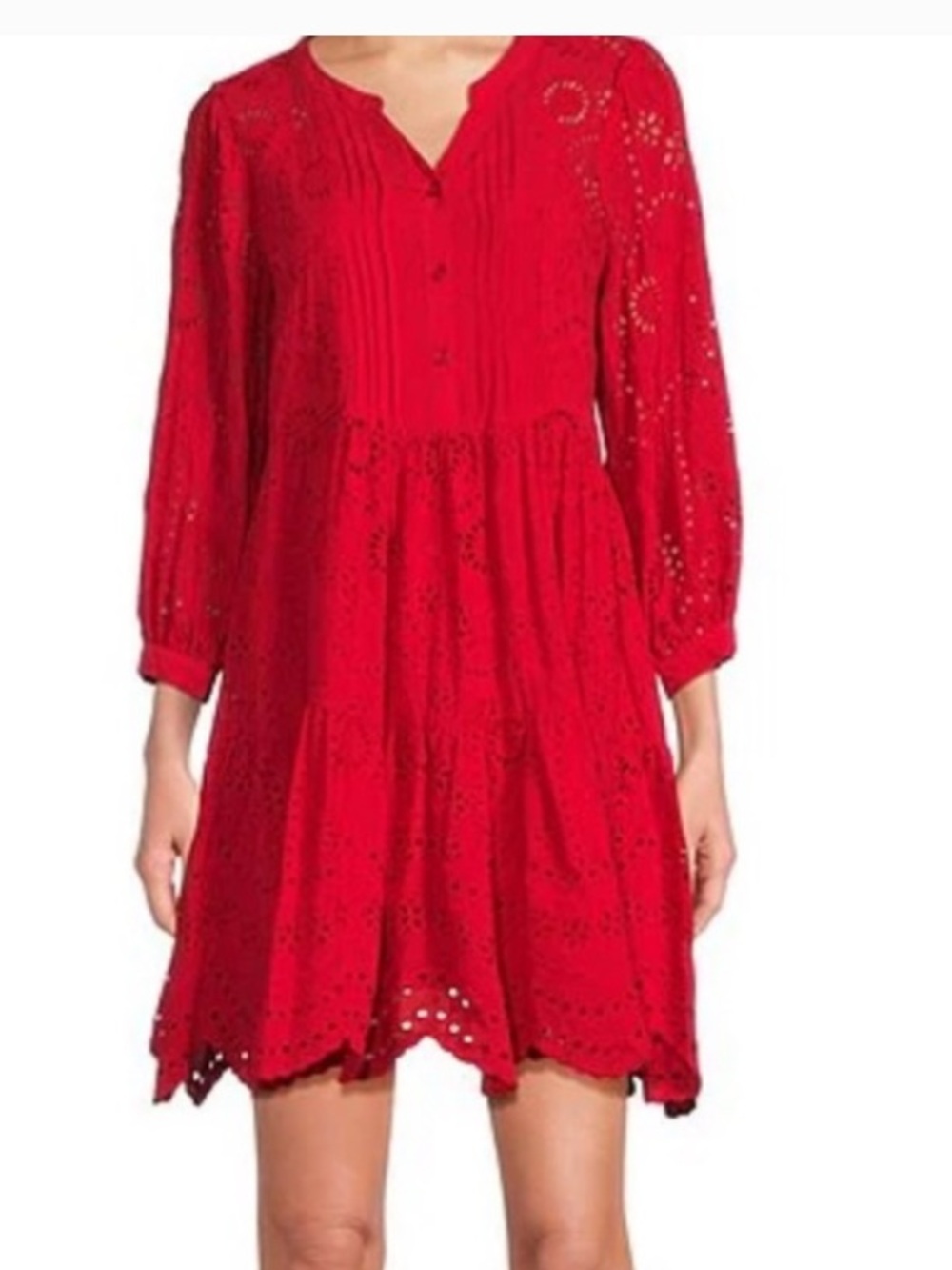 Nurture by Westbound Red Eyelet Tiered Long-Sleeve Dress; Size Large